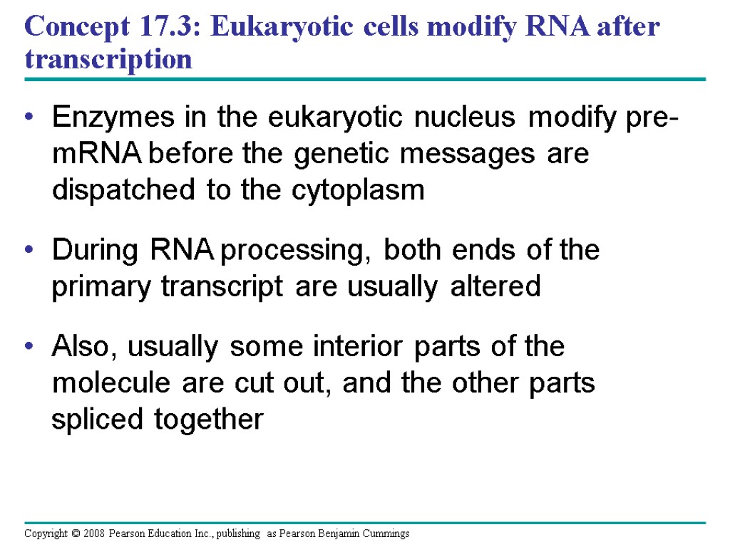 Concept 17.3: Eukaryotic cells modify RNA after transcription Enzymes in the eukaryotic nucleus modify